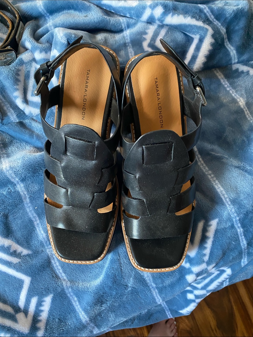 Black Leather Strappy Block Heel Sandals